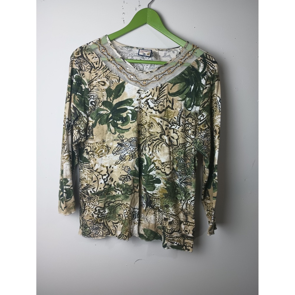 Caribbean Joe Vintage Y2K Tropical Floral Paisley Beaded Mesh Top‎ XL Green Tan